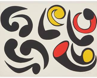 50
Alexander Calder
(1898-1976)
"Autres Têtards," 1976
Lithograph in colors on wove paper, watermark Maeght
Edition: 60/75
Signed and numbered in pencil in the lower right and left corners, respectively: Calder; titled and dated in pencil verso, possibly in another hand: 1976; Maeght, Paris, pub.
Sheet: 22.75" H x 30.75" W
Estimate: $1,000 - $2,000