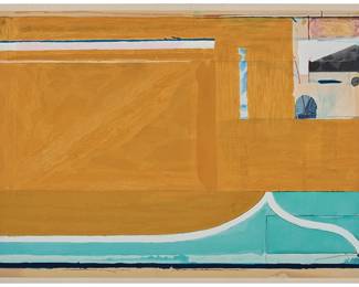 60
Richard Diebenkorn
(1922-1993)
"Ochre," 1983
Woodcut in colors on Mitsumata paper
Edition: 38/200 (there were also 20 artist's proofs)
Initialed, dated, and numbered in pencil in the lower margin: RD 83; Tadashi Toda at Shi-un-do Print Shop, Kyoto, Japan, prntr.; Crown Point Press, Oakland, CA, pub., with their blindstamp
Image: 25" H x 35.75" W; Sheet: 27.375" H x 38.125" W
Estimate: $20,000 - $30,000