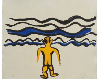 82
Alexander Calder
(1898-1976)
One plate, from "The Sacrilege of Alan Kent," 1976
Aquatint in colors on handmade paper
Edition: 13/60 (from the total edition of 200)
Signed and numbered in pencil in the lower right and left corners, respectively: Calder; Maeght, Paris, pub.
Sheet: 16" H x 17.5" W
Estimate: $1,000 - $1,500