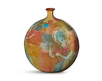 73
Polia Pillin (1909-1992)
A glazed studio pottery vase, mid-20th century
Signed to underside: Pillin
Depicting dancing female figures and a bird perched in a tree
13" H x 11" Dia.
Estimate: $600 - $800