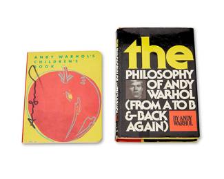8
Andy Warhol
(1928-1987)
Two works:
"The Philosophy of Andy Warhol (From A to B and Back Again)," 1975
Hardcover book
Warhol, Andy. "The Philosophy of Andy Warhol (From A to B and Back Again)." New York and London: Harcourt Brace Jovanovich, 1975
First Printing, Signed with initials to half-title page: aw
8.625" H x 5.875" W x 1.125" D
"Andy Warhol's Children's Book," 1983
Board book
Warhol, Andy. "Andy Warhol's Children's Book." Zurich: Galerie Bruno Bischofberger, 1983
First Edition, Signed illegibly to front board
7.125" H x 5.625" W x 0.375" D
2 pieces
Estimate: $600 - $800