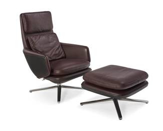 196
Antonio Citterio (b. 1950)
A 'Grand Relax' lounge chair and ottoman for Vitra, 2019
Each with Vitra label to base underside
The leather reclining swivel chair set on a polished cast aluminum four-legged base, with conforming ottoman
2 pieces
Chair: 39.5" H x 27.25" W x 33" D; Ottoman: 15" H x 24" W x 24" D
Estimate: $1,500 - $2,000