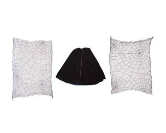 361
A Mario Armond Zamparelli and Company Hughes Airwest hostess cape prototype and luxury "Spiderweb" scarves
Late 20th century
Cape unlabeled; scarves with manufacturer's sample label: Sample A & Sample B
A black/deep navy worsted wool twill zip-front multi-panel swing sample uniform cape, together with two Mario Armond Zamparelli and Company luxury Japanese "Spiderweb" openwork silk lace knit sample scarves, in light blue, and in dark blue, circa 1990s
3 pieces
Cape: center back: 39.5"; total hem circumference: 200"; Each scarf: 48" H x 65" W approximately
Estimate: $200 - $400