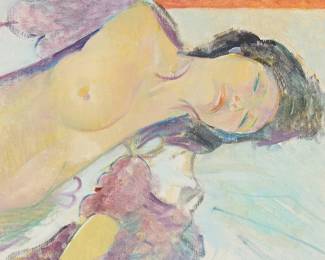 296
Mario Armond Zamparelli
(1921-2012)
Portrait of nude woman
Oil on canvas
With the artist's blue ink stamp on the stretcher bar; signed in pencil and again in ink, possibly in another hand, on the stretcher bar and on a label affixed to the stretcher bar
19" H x 17.5" W
Estimate: $400 - $600