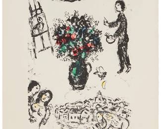 38
Marc Chagall
(1887-1985)
"Bouquet sur la ville," 1983
Lithograph in colors on Arches paper
Edition: 30/50
Signed and numbered in pencil in the lower margin: Marc Chagall
Image: 18.5" H x 12.5" W; Sheet: 25.75" H x 18.5" W
Estimate: $2,000 - $4,000