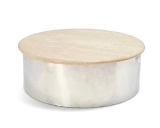 258
Steve Chase (1941-1994)
A travertine-top drum table, late 20th century
Underside of top with handwritten sticker: No. 5655 / From: Douglas Bickle / To: Steve Chase Assoc. / c/o Custom Delivery Service
The wood base with chromed metal exterior, surmounted by a travertine top
Overall: 17" H x 48" Dia.
Estimate: $500 - $700