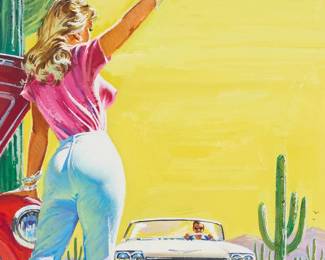 279
Robert Bonfils
(b. 1922)
"Blonde Danger," circa 1960
Gouache on artist's board
Signed (twice) in the lower right quadrant: once on the ground to the right of the cactus, and once in the lower right corner of the image; titled, dated "1962," and inscribed "35¢," all possibly in another hand, in the lower right corner of the artist's board
Image: 14" H x 10.5" W; Artist's board: 20" H x 15" W
Estimate: $600 - $800