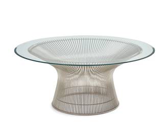 174
Warren Platner (1919-2006)
A coffee table for Knoll, late 20th/early 21st century
Designed 1966
The flared steel wire base surmounted by a circular beveled glass top
Base: 15" H x 29.75" Dia.; Glass: 36" Dia.
Estimate: $500 - $700