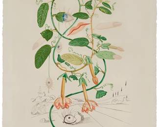 41
Salvador Dalí
(1904-1989)
"Pisum Sensuale," from "Flora Dalinae (FlorDalí)," 1968
Photolithograph in colors with engraved remarques and color pochoir on Rives paper
Edition: 97/200 (the total edition was 408)
Signed and numbered in pencil in the lower margin: Dalí; with the signature and 1967 date printed near the center of the lower plate edge; Jean Schneider, Basel, Switzerland, and Michelle Broutta, Paris, publishers
Plate: 23.125" H x 15.25" W; Sheet: 30" H x 22.375" W
Estimate: $1,000 - $1,500