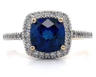 NEW! Blue Sapphire & Natural Diamond Halo Pavé Ring in 14k Yellow Gold