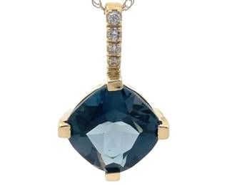 London Blue Topaz & Natural Diamond Pendant Necklace in Yellow Gold
