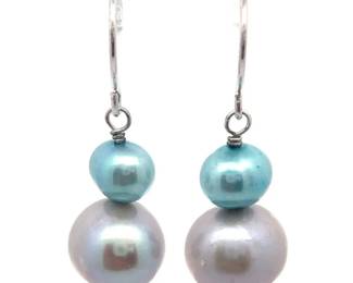 NEW! Double Blue & Silver-White Freshwater Pearl Shepherd's Hook Earrings