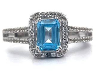 1.27 Carat Blue Topaz & White Topaz Halo Split Shank Ring