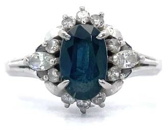 1.41 Carat Natural Blue Sapphire & Diamond Cluster Estate Ring in Platinum
