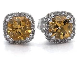 NEW! Cushion Cut Citrine & Natural Diamond Stud Earrings in White Gold
