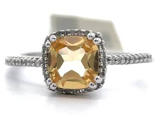 NEW! Cushion Cut Citrine & Natural Diamond Basket Cathedral Ring in White Gold