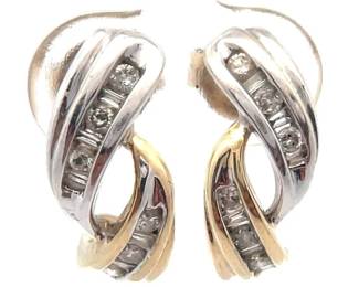 Natural Diamond Baguette Ribbon Croissant Earrings in Two-Tone Gold