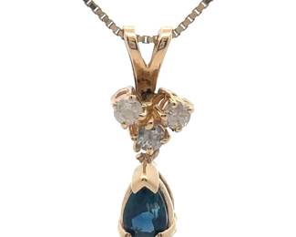 Pear Blue Sapphire & Natural Diamond Cluster Drop Pendant in 14k Yellow Gold