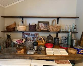 BASKETS, SMALL ANTIQUE BOTTLES. HOUSEHOLD ITEMS
