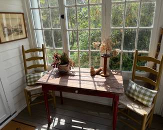 ANTIQUE TABLE, PAIR OF LADDER BACK CHAIRS, DECOR
