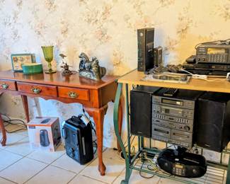Cherry console table, various electronics 