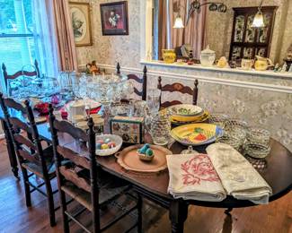 Fostoria, vintage glassware, punchbowl and cups on base, vintage tablecloths 