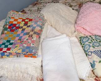 Vintage quilts, chenille and matelasse bedspreads 