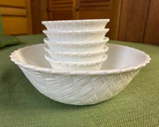 Vintage Indiana Milk Glass Weavetex Design 9" Bowl with 5 smaller fruit bowls.