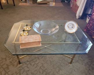 Beveled glass coffee table with brass frame