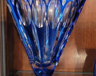 Bohemian Czech Hand Blown Cut to Clear Blue Vase 8"