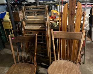 Old wringer washer stand, ironing board, and cool chairs