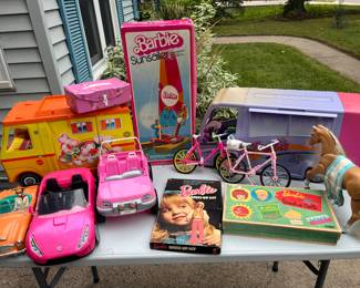Barbie campers, cars, horse, bikes, sailboat, etc