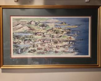 Signed matted & framed litho of beach park 
