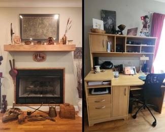Antique brass rubbing over the fireplace wonderful Ikea type mid-century modern Maple office desk