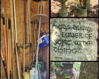 Garden tools Garden items bird fountain old milk can