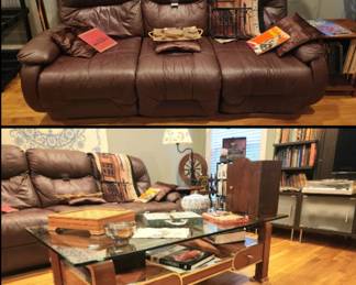 Fantastic leather sofa wood and glass coffee table