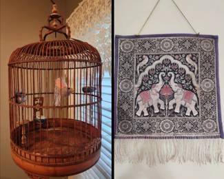 Antique bamboo birdcage and silk embroidered tapestry