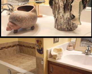 Wonderful Large heavy Asian man statue, hand stacked, (thumb prints inside). Large terra cotta shell on the floor