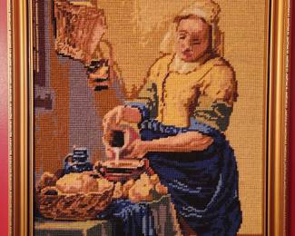 ANTIQUE VINTAGE ORNATELY FRAMED NEEDLEPOINT 19TH CENTURY WOMAN KITCHEN