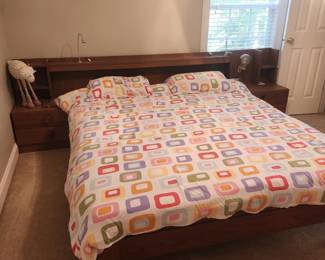 Vintage look mid-century modern IKEA style queen size bed built-in headboard and nightstands