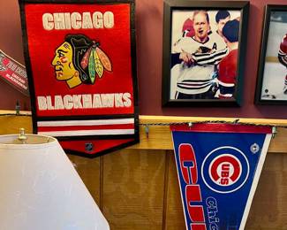 Chicago Blackhawks banner and Chicago Cubs pennent