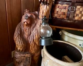 Wooden carved bear w/lantern 
