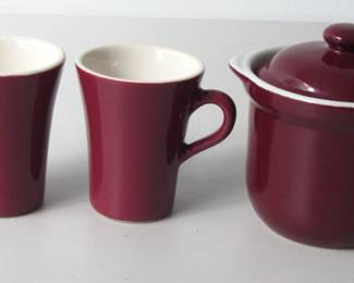 Two restaurant ware mugs and canister with lid