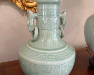 Vintage Chinese Celadon Ring Vase 11.5 in