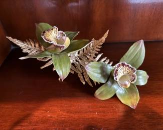 20th Century Boehm Porcelain Studio Orchid with Gilded Fern Leaves, 8in