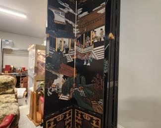 Maitland-Smith 12 Panel Black Lacquer Hardwood Incised Coromandel Screen, 108”h x 240”w