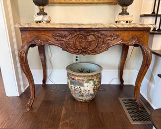Louis XV Style Oak & Marble Console Table  33in x 45in x 23in 