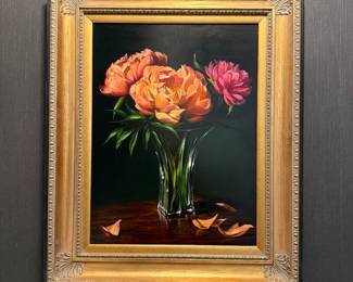 Floral Bouquet by W. Martin, Oil on Canvas with gilt wood frame. 11.5 in x 17.5 in