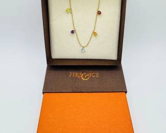 6 FireIce14KGoldBeadChainMultiStoneBezelNecklace189g