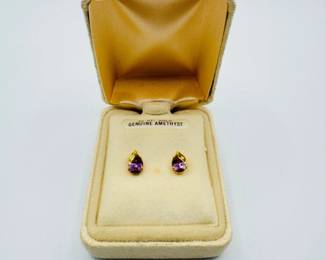 19 14KGoldGenuineAmethystTeardropStudEarringswLeafDetail